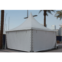 High‑peak Aluminium Pagoda Tent with PVC canopy and removable side curtains, elegant pavilion for hotels, poolside lounges, garden events and premium outdoor hospitality spaces.